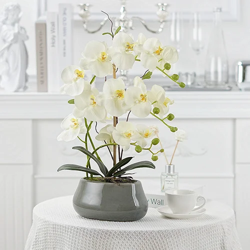 white artificial orchid in pot